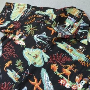 Reyn Spooner Nassau Bahamas Map Print Rayon Hawaiian Shirt Mens Large VTG Black